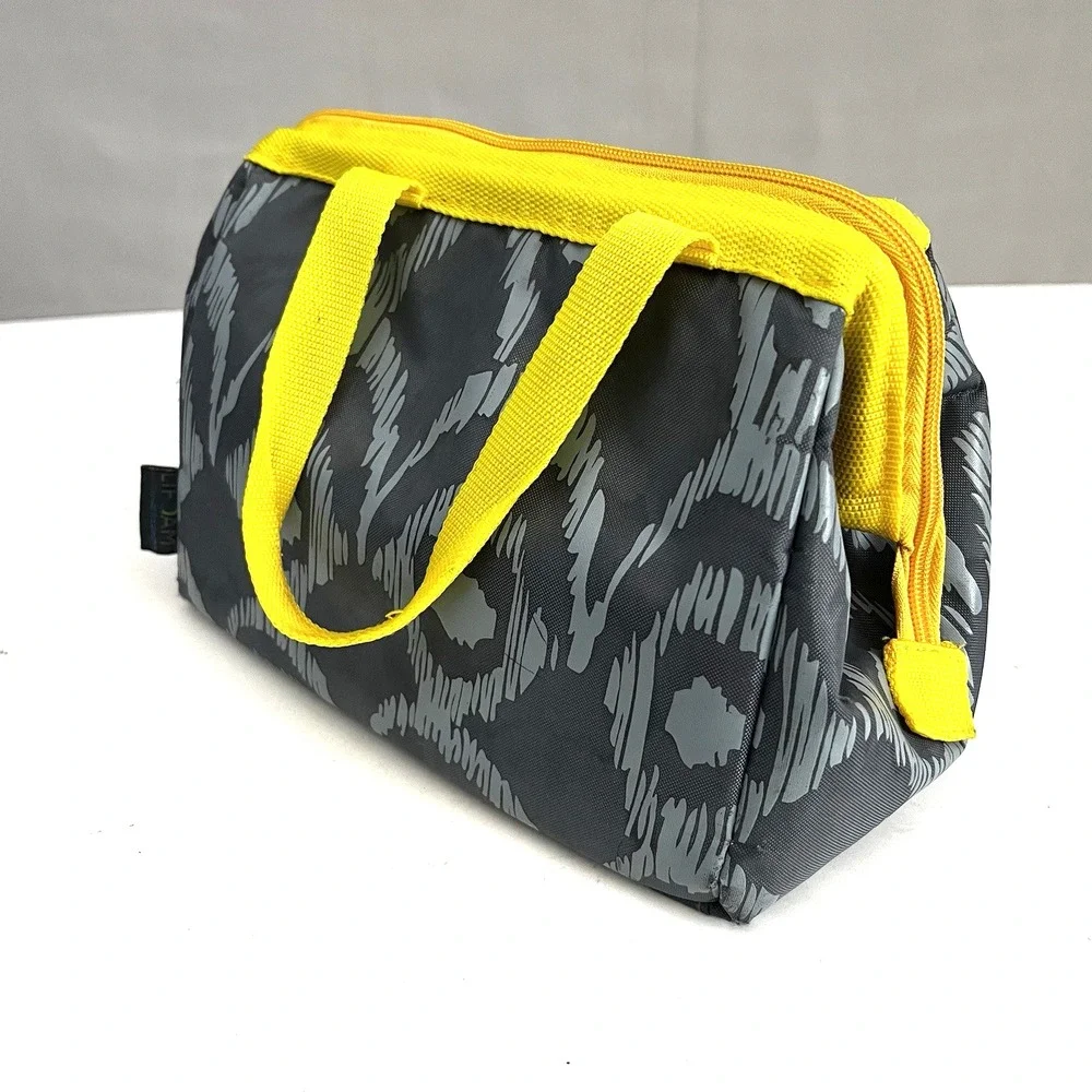 LIFOAM Insulated Lunch Bag Gray Ikat Yellow‎ Trim Cooler Bag Wide Mouth